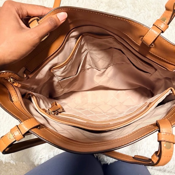 Michael Kors Brown MK Monogram Tote with Tan Straps - Picture 3 of 4